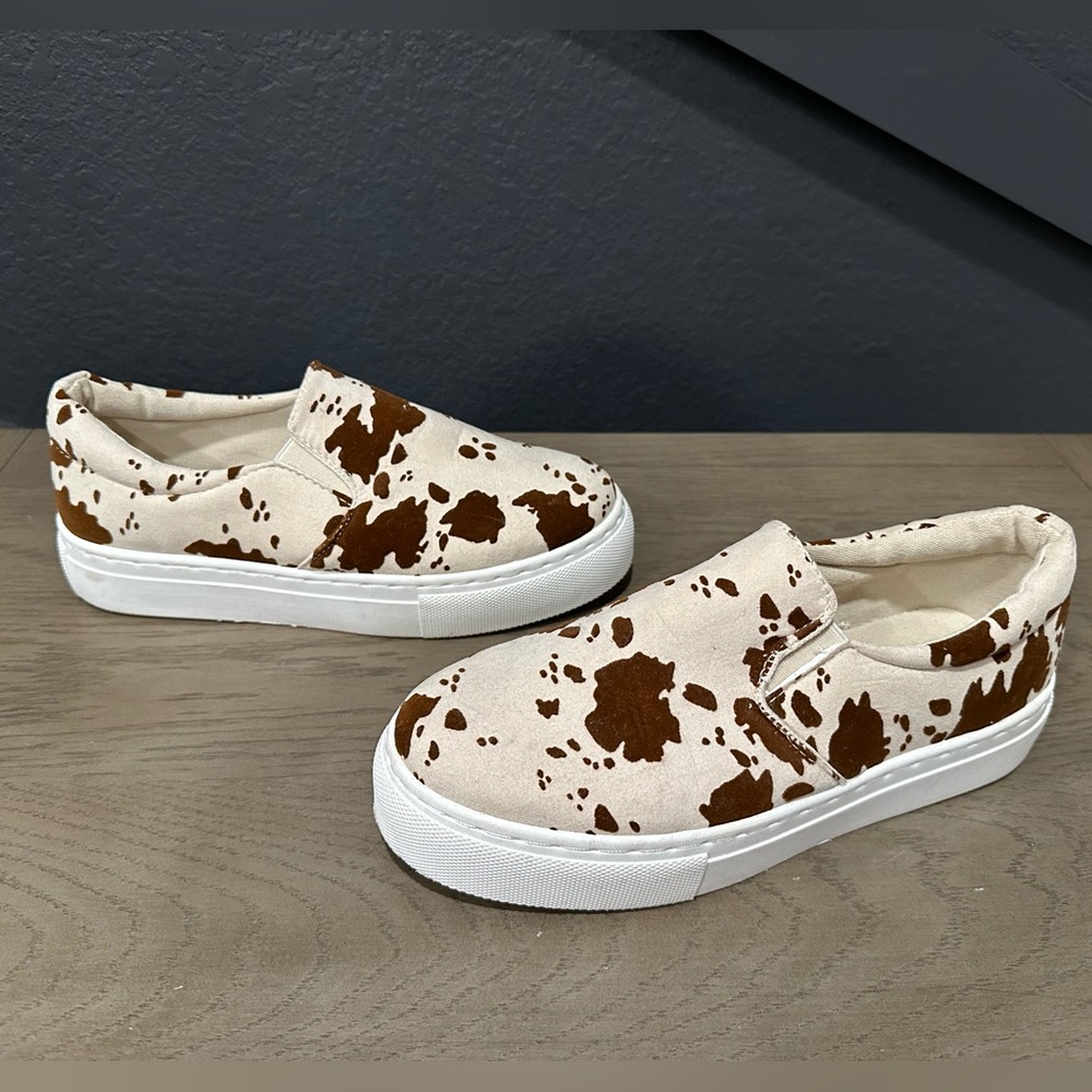 Beige and Brown Cowprint Slip-On Women's Sneakers